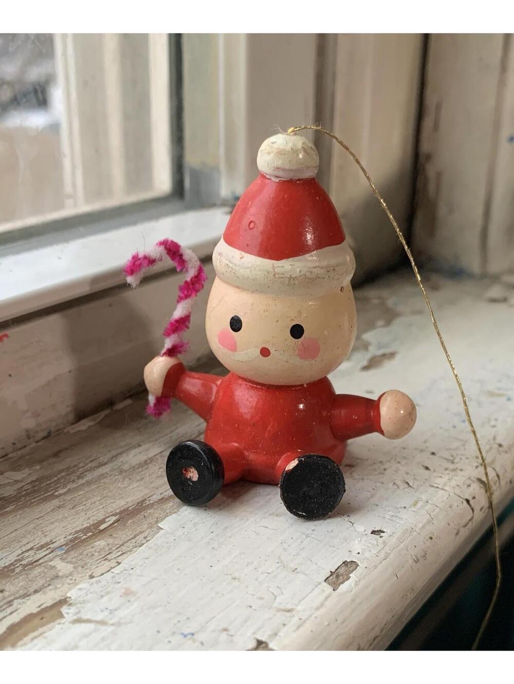 Vintage Wooden Santa Christmas Ornament Candy Came Scandinavian Style 1960s 2”